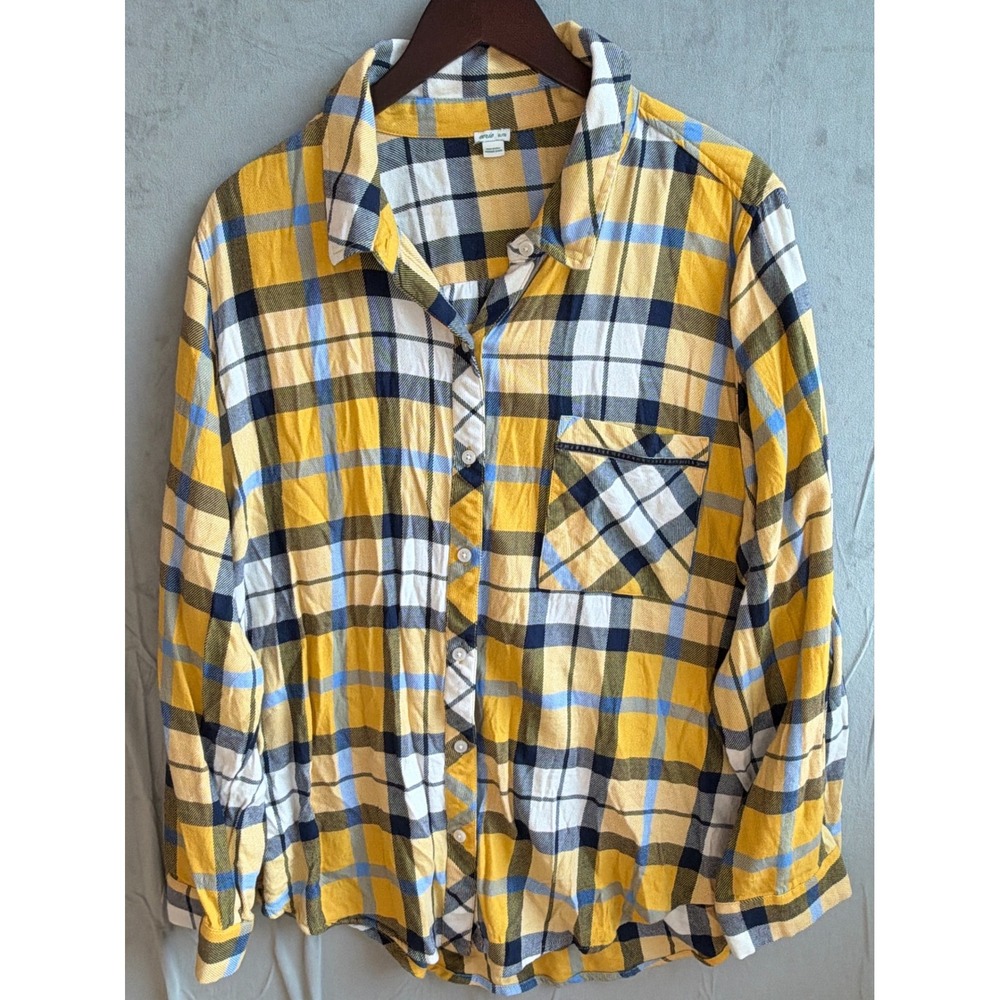 Aerie Plaid Button Down Women XL Yellow Cottagecore Grunge Skater Oversized Fall
